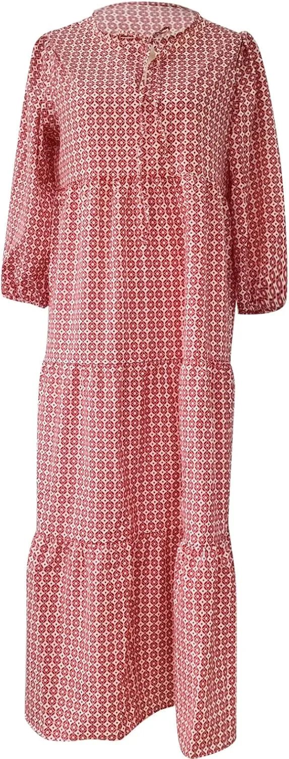 Boho Maxi Dresses for Women 2025 Casual Smocked Geometric Print Puffy Sleeve Dress with Tie Loose Soft Swing Long Dress