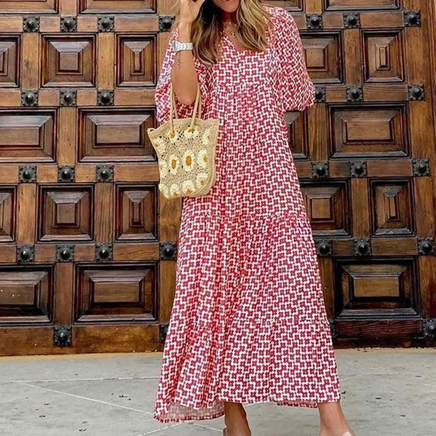 Boho Maxi Dresses for Women 2025 Casual Smocked Geometric Print Puffy Sleeve Dress with Tie Loose Soft Swing Long Dress