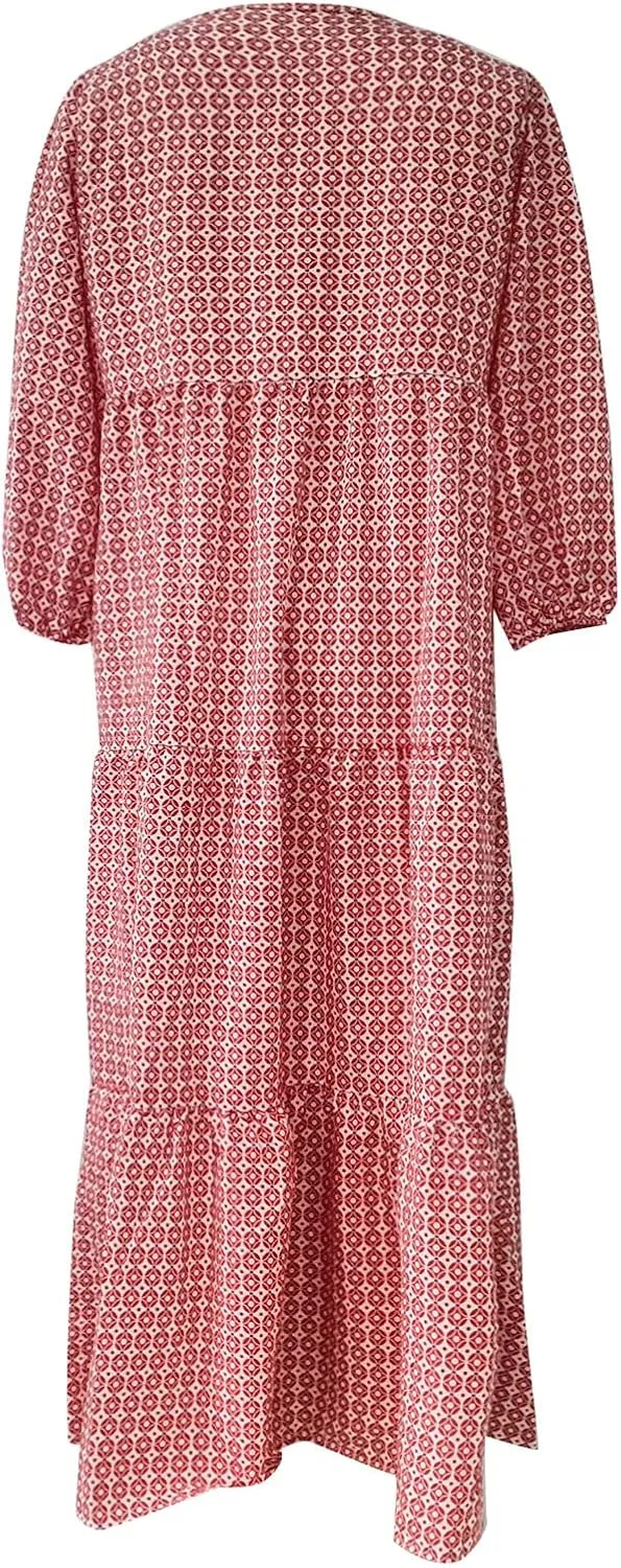Boho Maxi Dresses for Women 2025 Casual Smocked Geometric Print Puffy Sleeve Dress with Tie Loose Soft Swing Long Dress