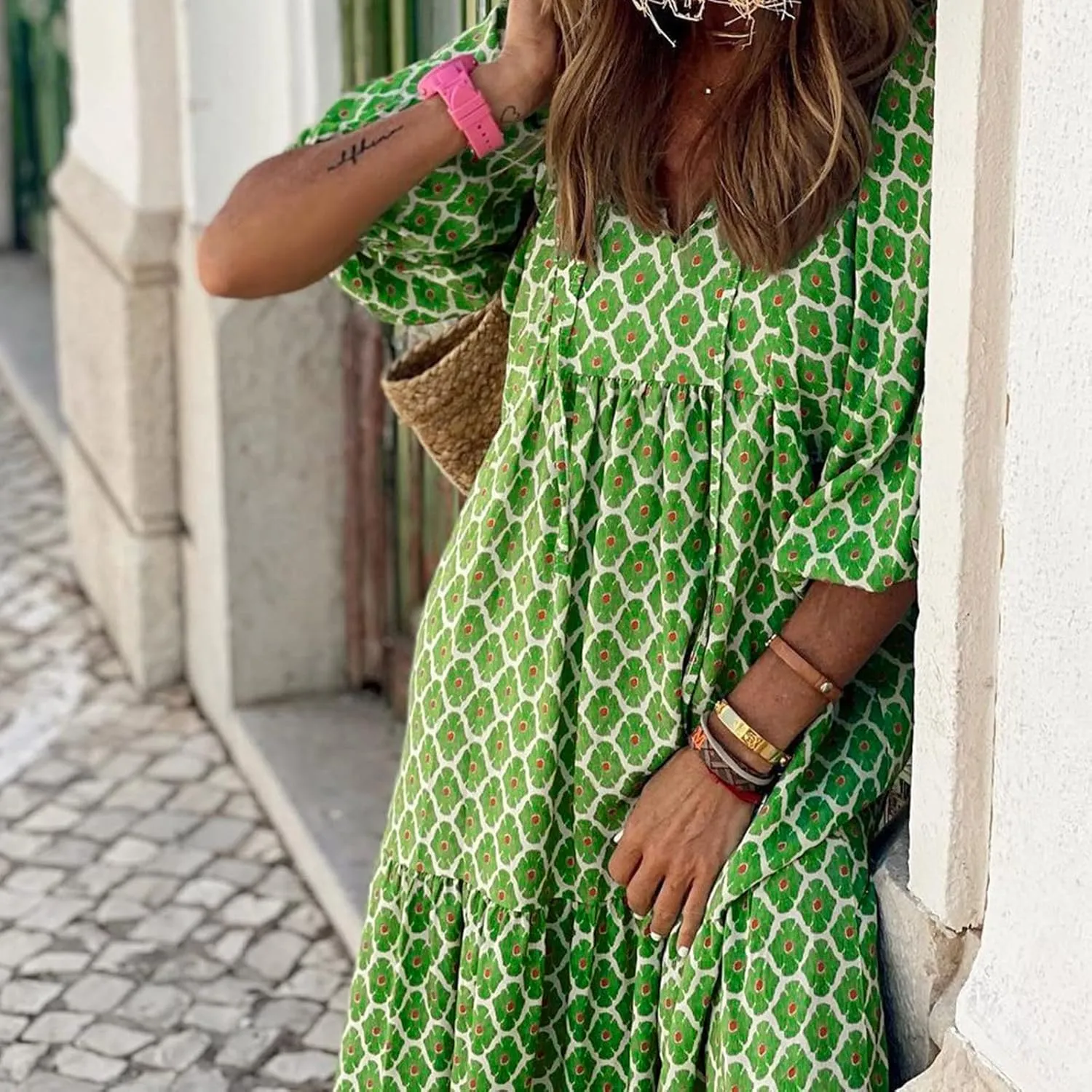 Boho Maxi Dresses for Women 2025 Casual Smocked Geometric Print Puffy Sleeve Dress with Tie Loose Soft Swing Long Dress