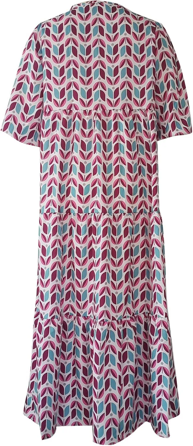 Boho Maxi Dresses for Women 2025 Casual Smocked Geometric Print Puffy Sleeve Dress with Tie Loose Soft Swing Long Dress