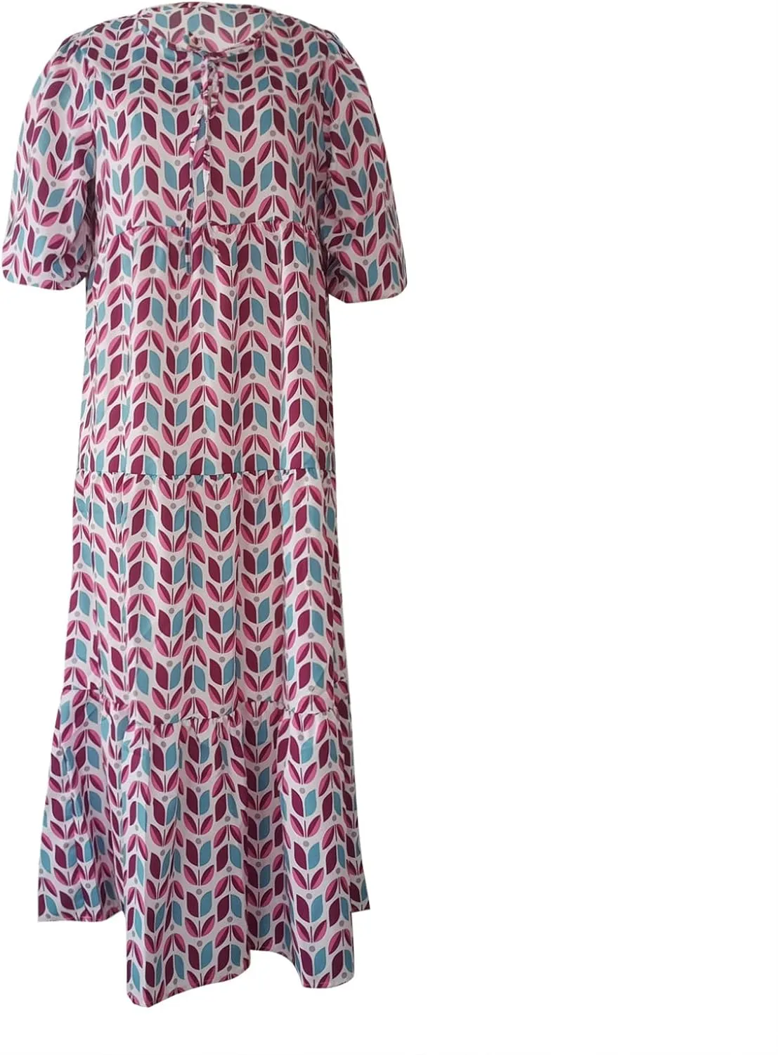 Boho Maxi Dresses for Women 2025 Casual Smocked Geometric Print Puffy Sleeve Dress with Tie Loose Soft Swing Long Dress