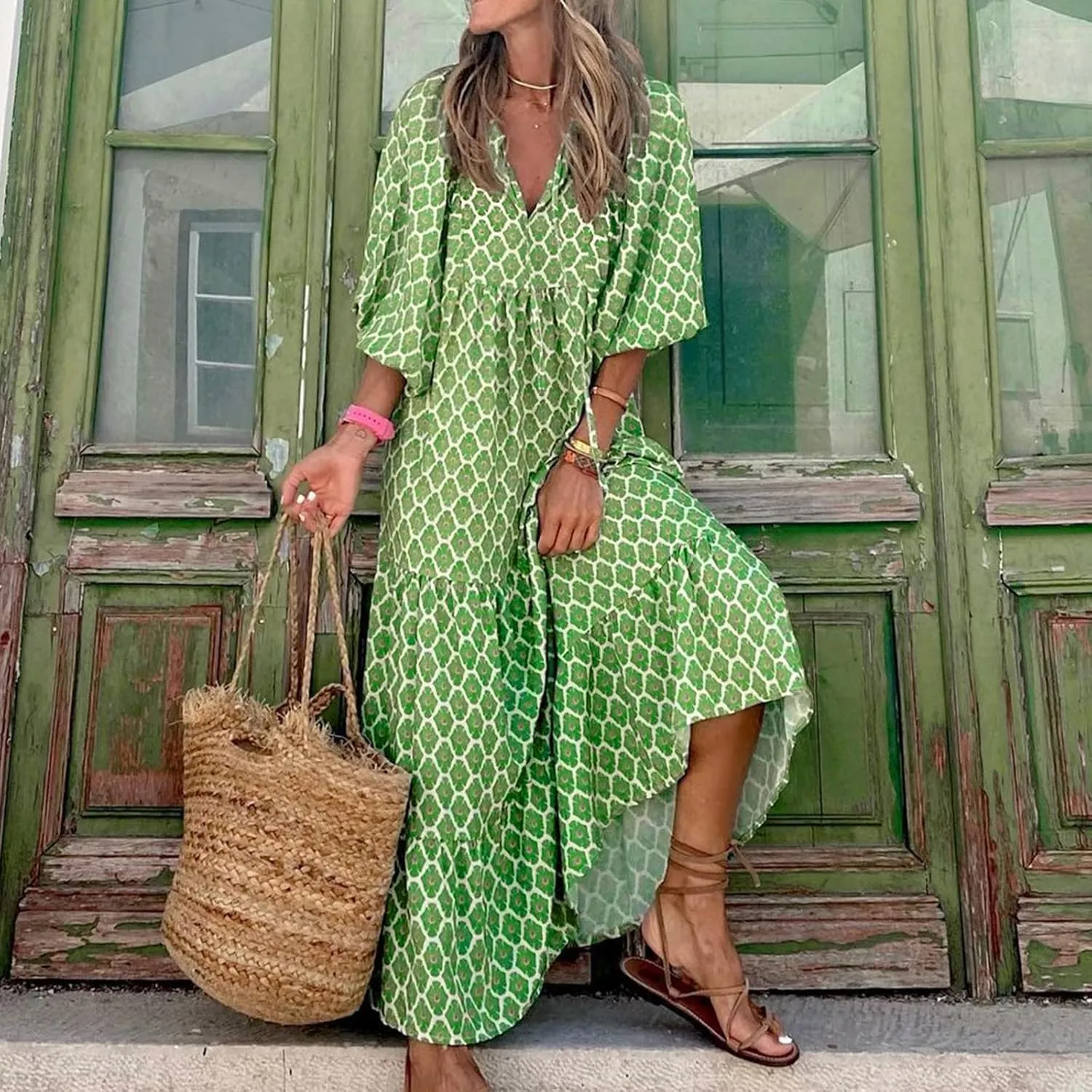 Boho Maxi Dresses for Women 2025 Casual Smocked Geometric Print Puffy Sleeve Dress with Tie Loose Soft Swing Long Dress
