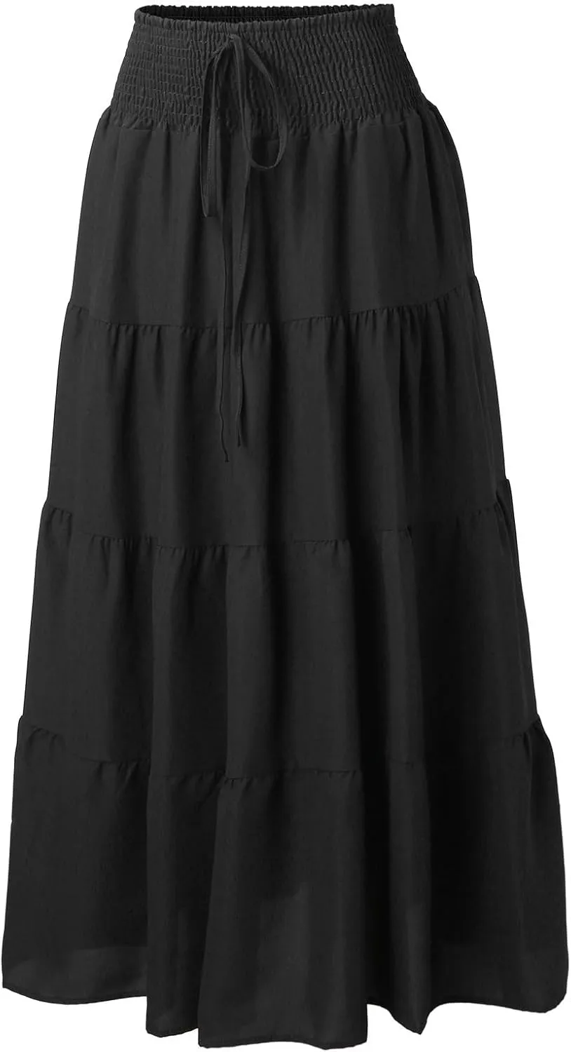 Boho Maxi Skirts for Women 2025 Summer Elastic Waisted Solid Color Flowy Swing A-Line Pleated Long Skirt