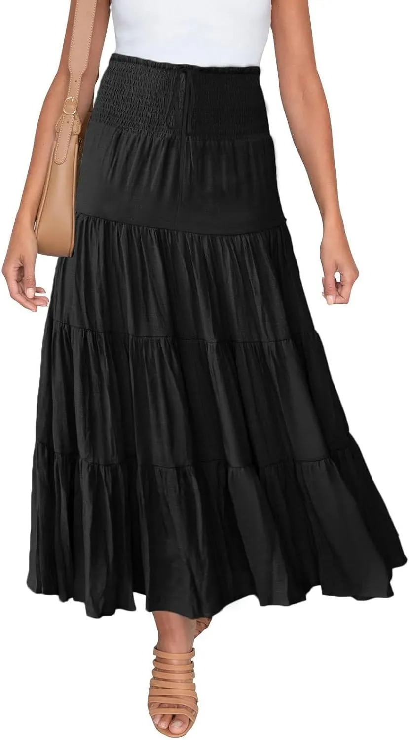 Boho Maxi Skirts for Women 2025 Summer Elastic Waisted Solid Color Flowy Swing A-Line Pleated Long Skirt