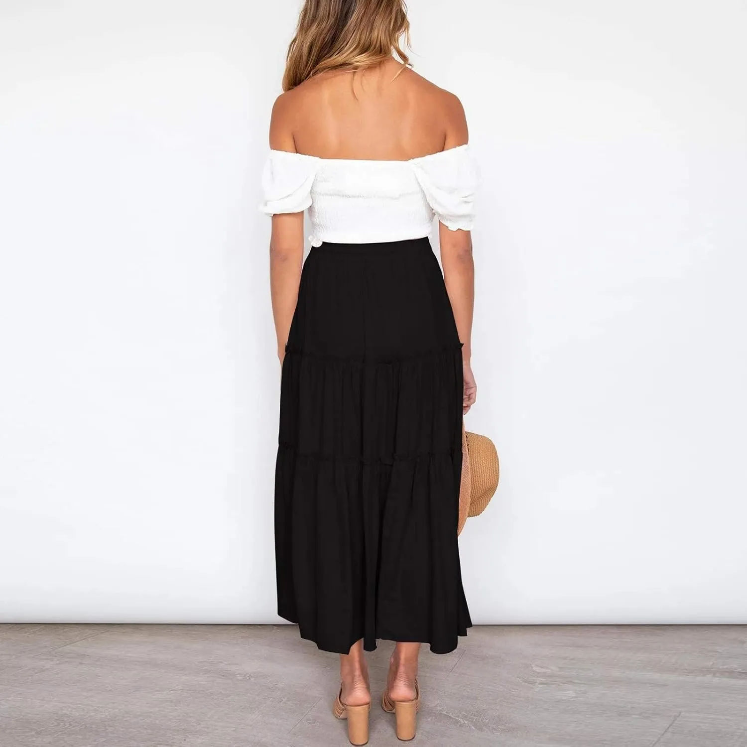 Boho Maxi Skirts for Women 2025 Summer Elastic Waisted Solid Color Flowy Swing A-Line Pleated Long Skirt