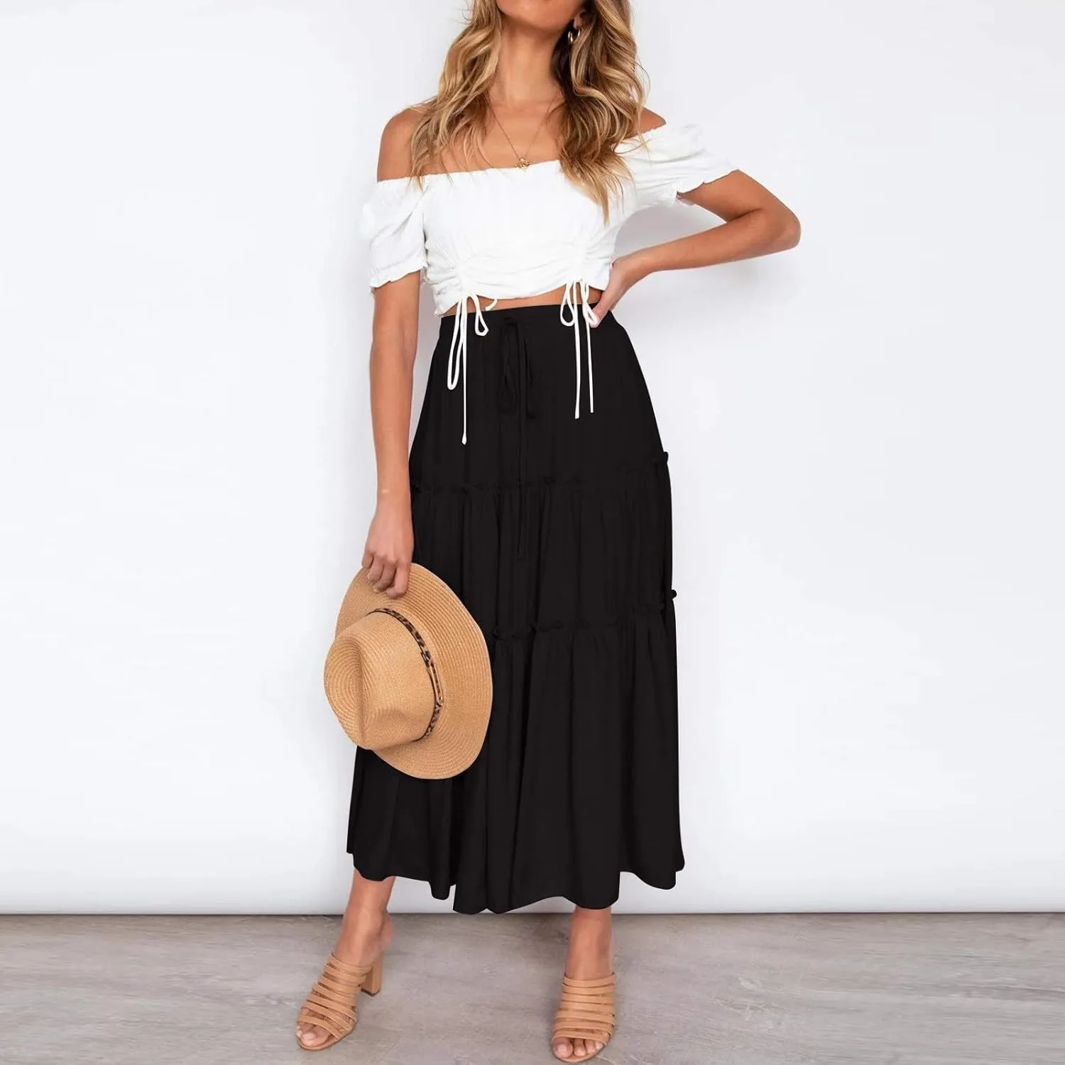 Boho Maxi Skirts for Women 2025 Summer Elastic Waisted Solid Color Flowy Swing A-Line Pleated Long Skirt