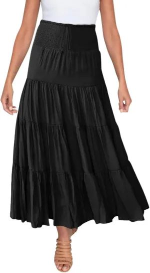 Boho Maxi Skirts for Women 2025 Summer Elastic Waisted Solid Color Flowy Swing A-Line Pleated Long Skirt