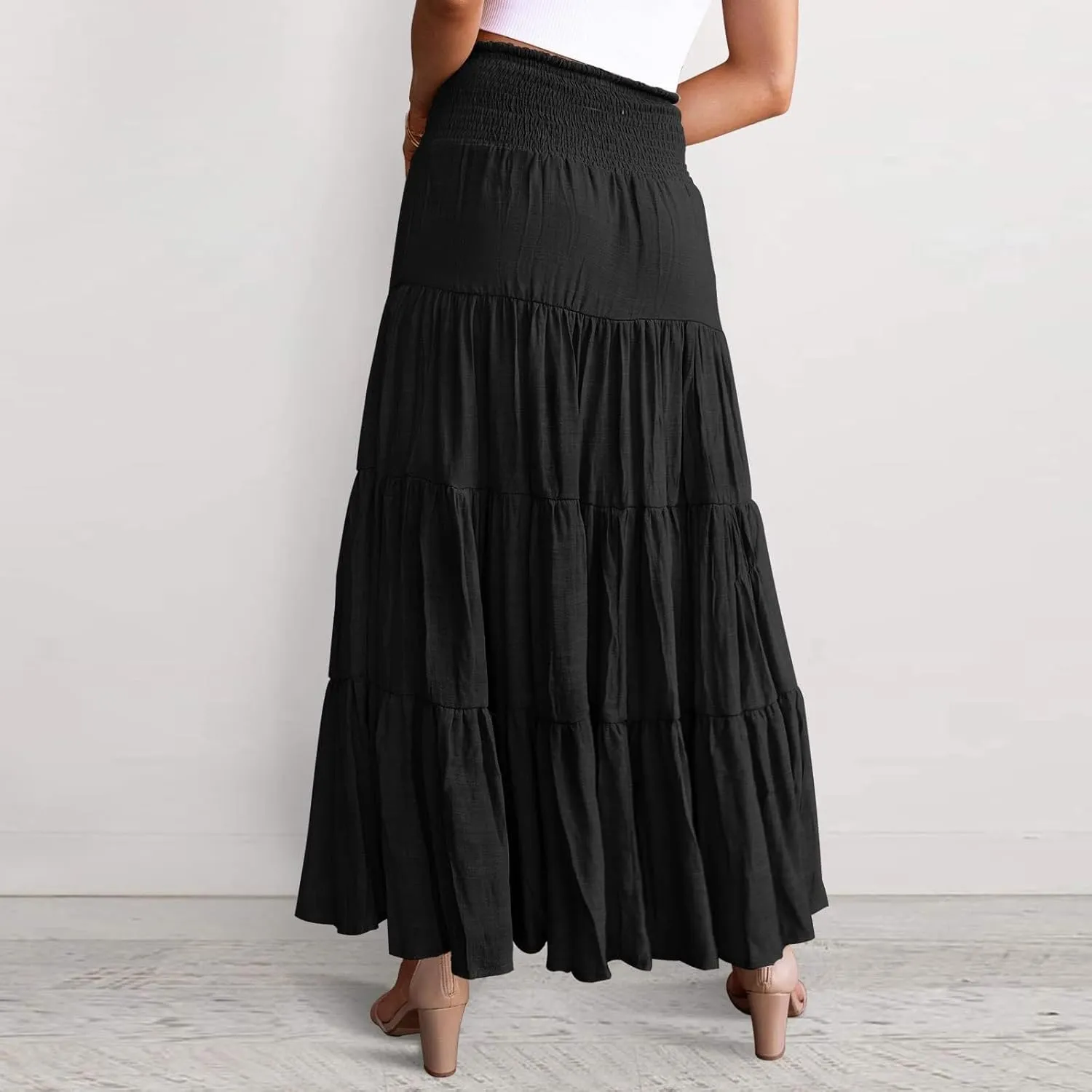 Boho Maxi Skirts for Women 2025 Summer Elastic Waisted Solid Color Flowy Swing A-Line Pleated Long Skirt