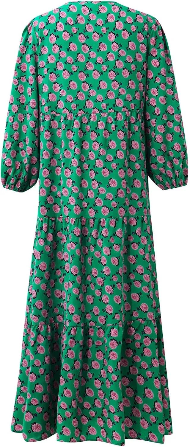 Boho Summer Dresses for Women 2025 Puff Sleeve Geometric Flower Maxi Dress Comfy Tiered Gingham Flowy Long Dress