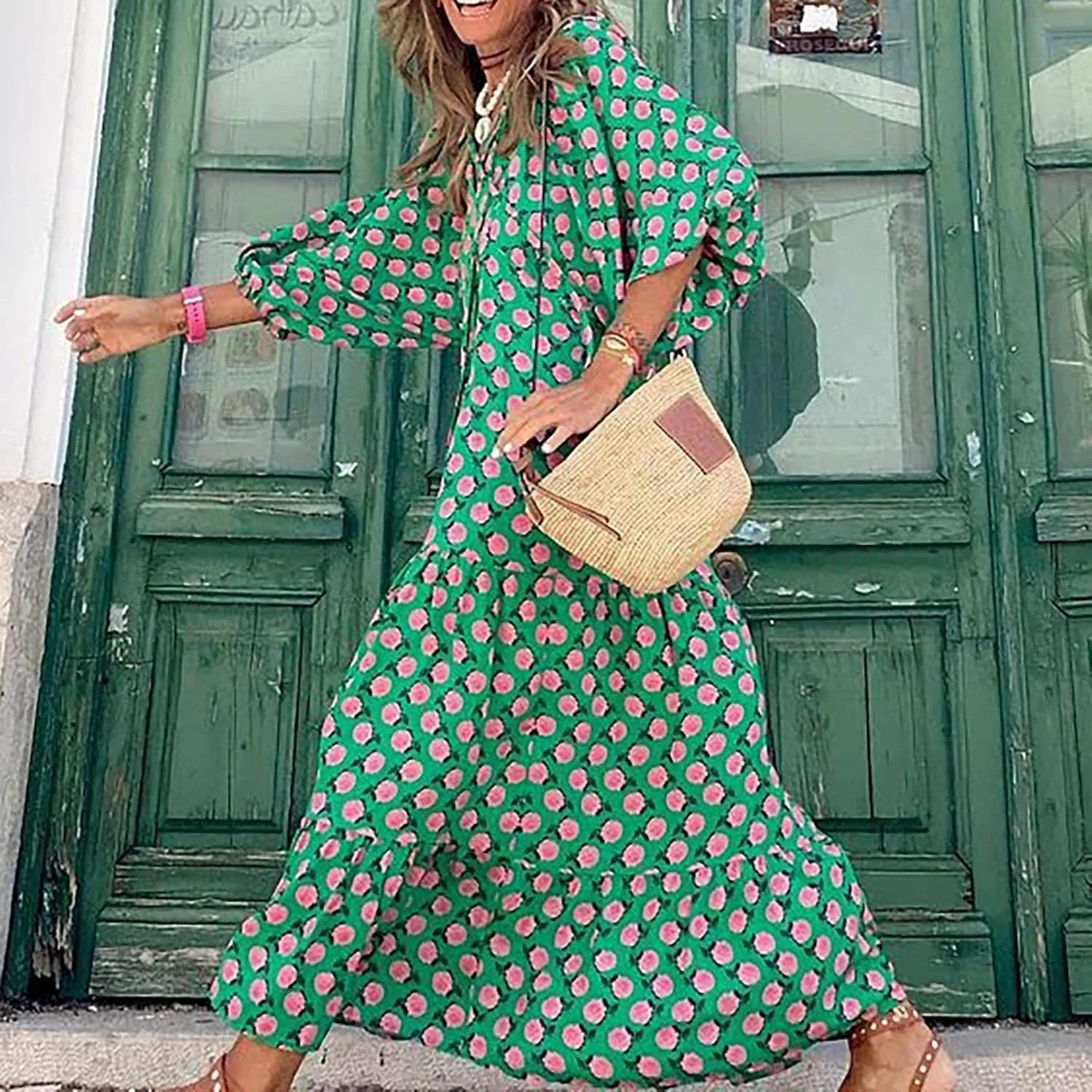 Boho Summer Dresses for Women 2025 Puff Sleeve Geometric Flower Maxi Dress Comfy Tiered Gingham Flowy Long Dress