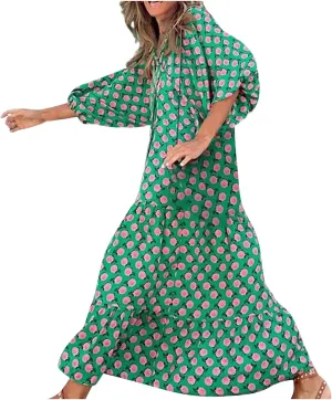 Boho Summer Dresses for Women 2025 Puff Sleeve Geometric Flower Maxi Dress Comfy Tiered Gingham Flowy Long Dress