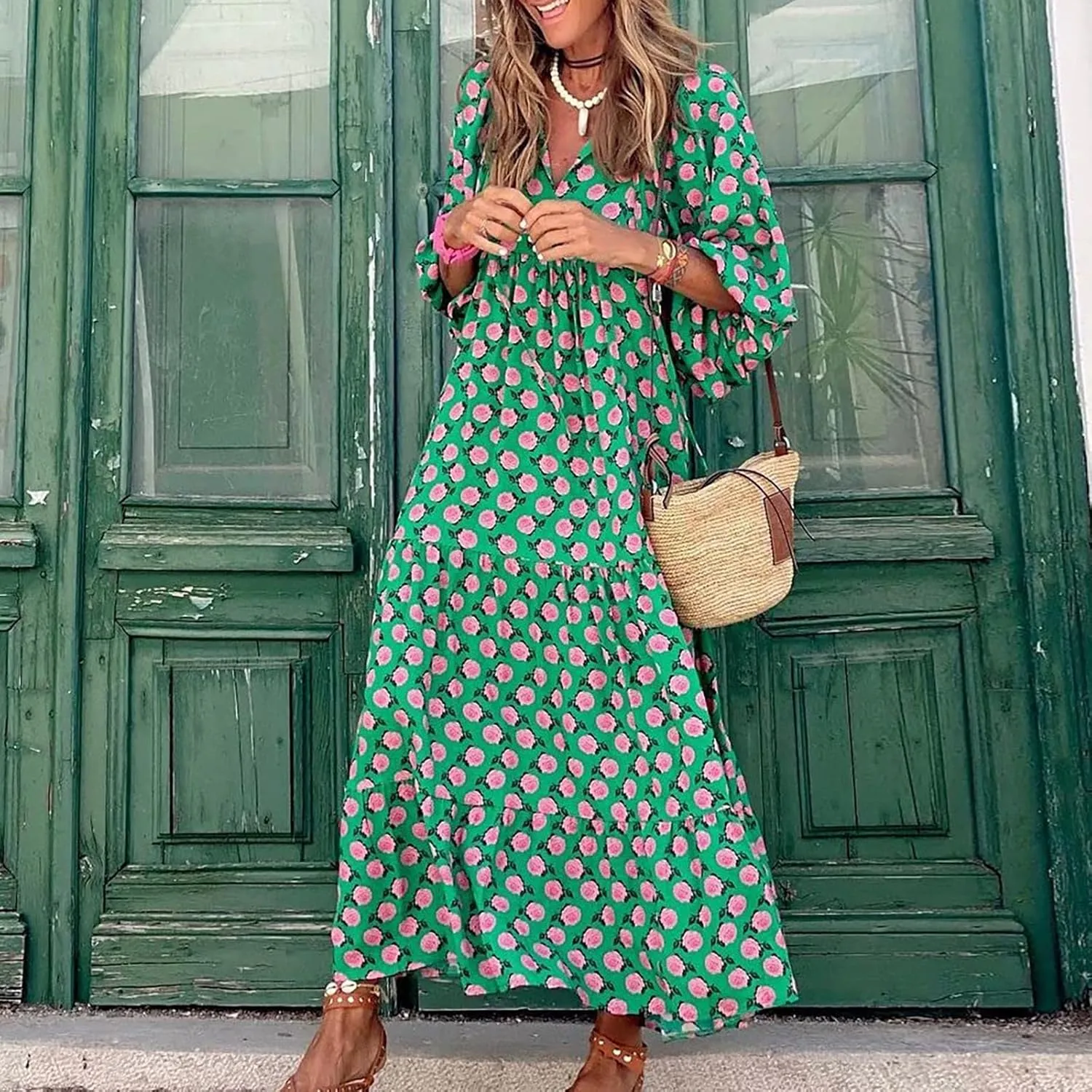 Boho Summer Dresses for Women 2025 Puff Sleeve Geometric Flower Maxi Dress Comfy Tiered Gingham Flowy Long Dress