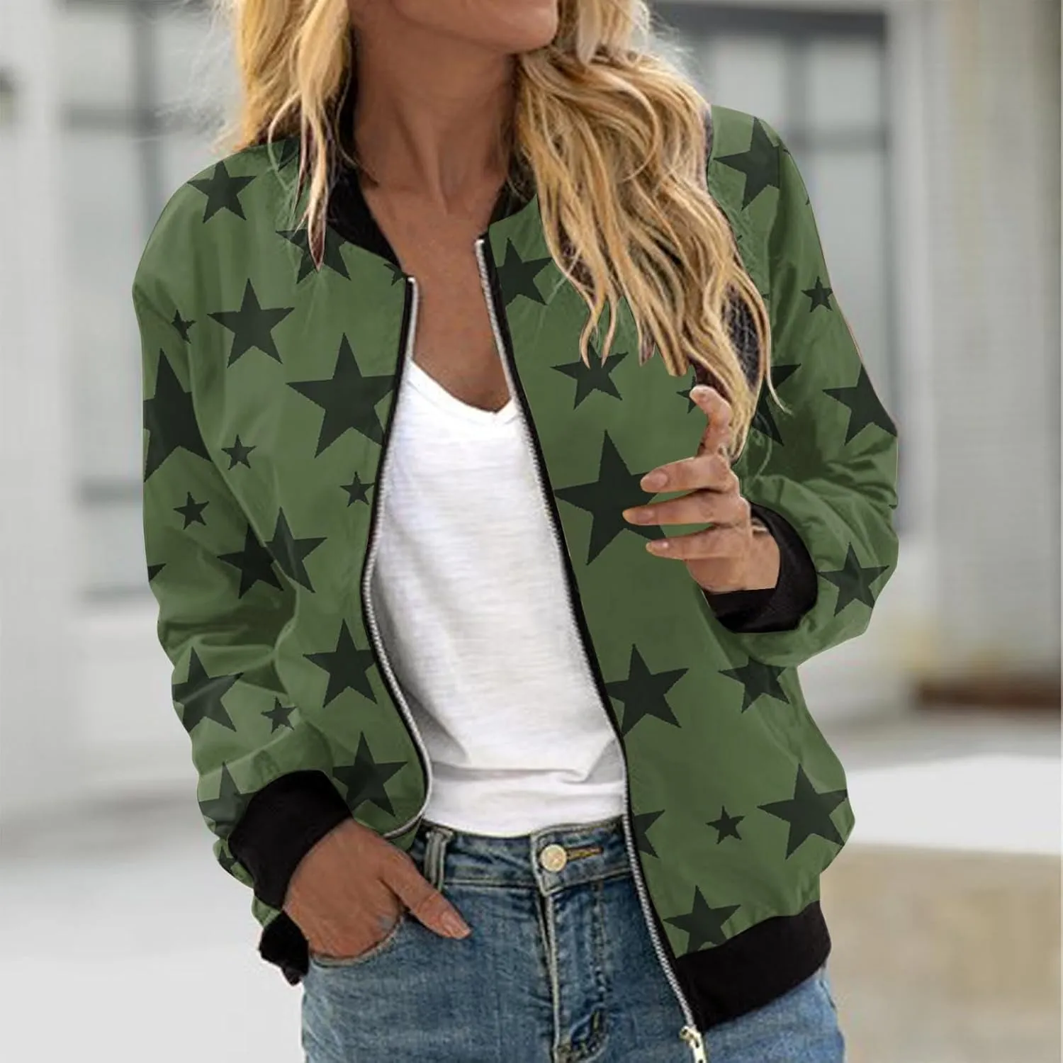 Bomber Jacket Women Star Printed Casual Coat Zip Up Outerwear Windbreaker with Pockets 2024 Fall Fashion Clothes