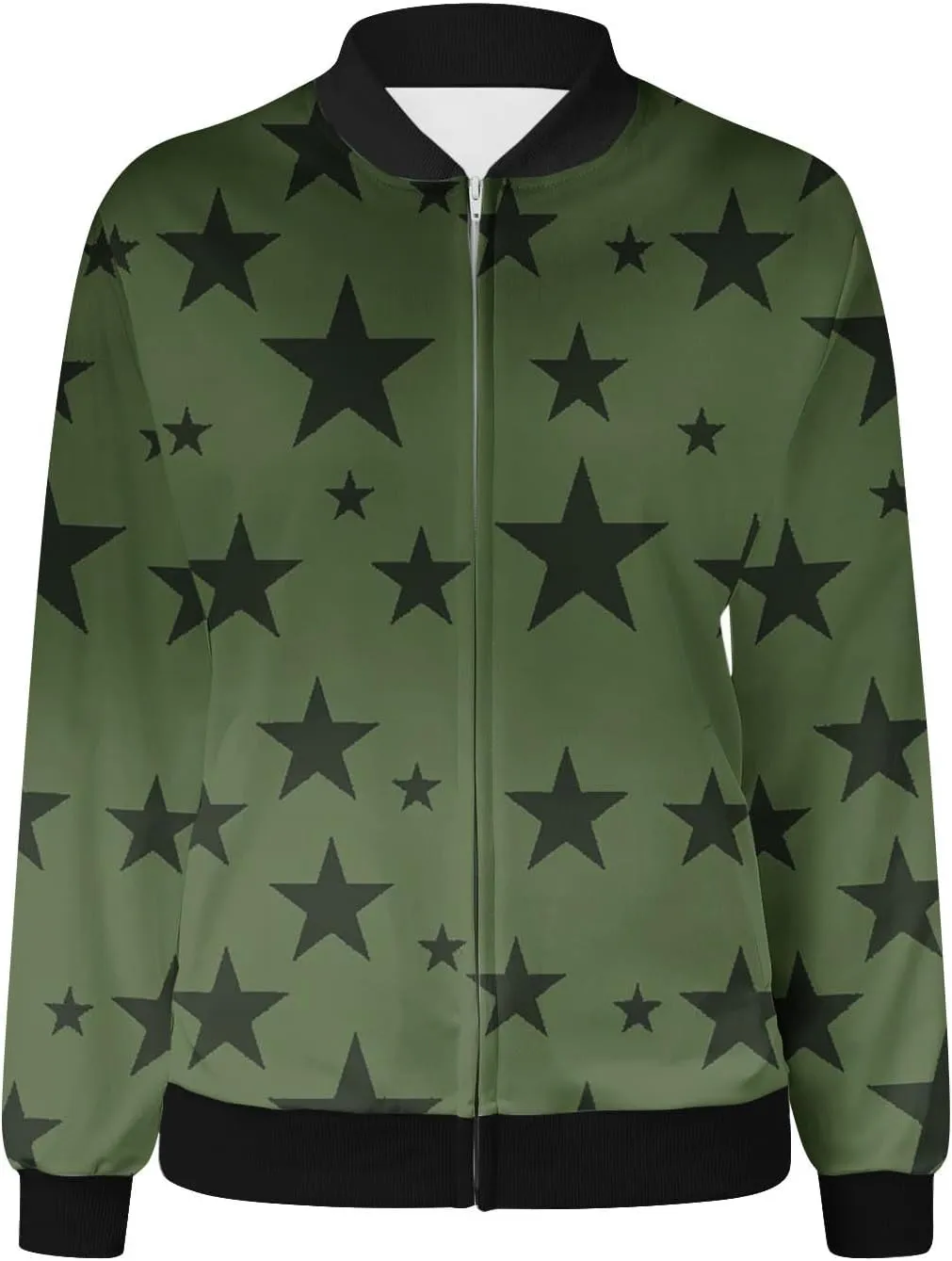 Bomber Jacket Women Star Printed Casual Coat Zip Up Outerwear Windbreaker with Pockets 2024 Fall Fashion Clothes