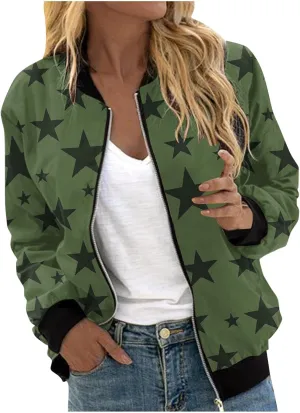 Bomber Jacket Women Star Printed Casual Coat Zip Up Outerwear Windbreaker with Pockets 2024 Fall Fashion Clothes