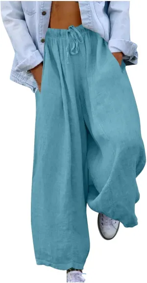Borniu Womens Baggy Wide Leg Pants Casual Loose Drawstring Summer Beach Travel Vacation Palazzo Harem Pants with Pockets