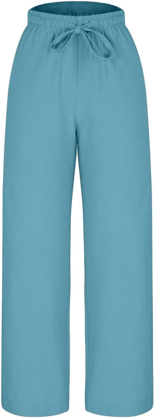 Borniu Womens Baggy Wide Leg Pants Casual Loose Drawstring Summer Beach Travel Vacation Palazzo Harem Pants with Pockets