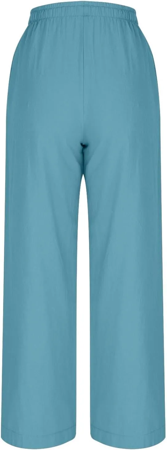 Borniu Womens Baggy Wide Leg Pants Casual Loose Drawstring Summer Beach Travel Vacation Palazzo Harem Pants with Pockets