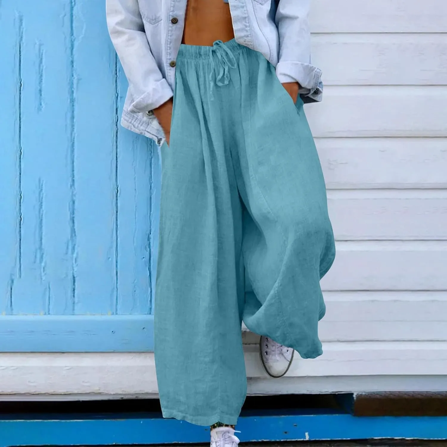 Borniu Womens Baggy Wide Leg Pants Casual Loose Drawstring Summer Beach Travel Vacation Palazzo Harem Pants with Pockets