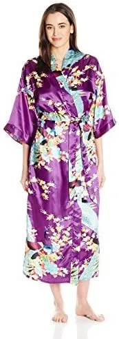 Bottoms Out Women's Printed Satin Long Kimono Robe