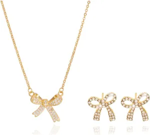 Bow Necklace Earrings Bracelet Bow Jewelry Sets for Women Dainty Gold Jewelry Set Bowknot Pendant Necklace Ribbon Stud Earrings Trendy Stuff Jewelry Gifts