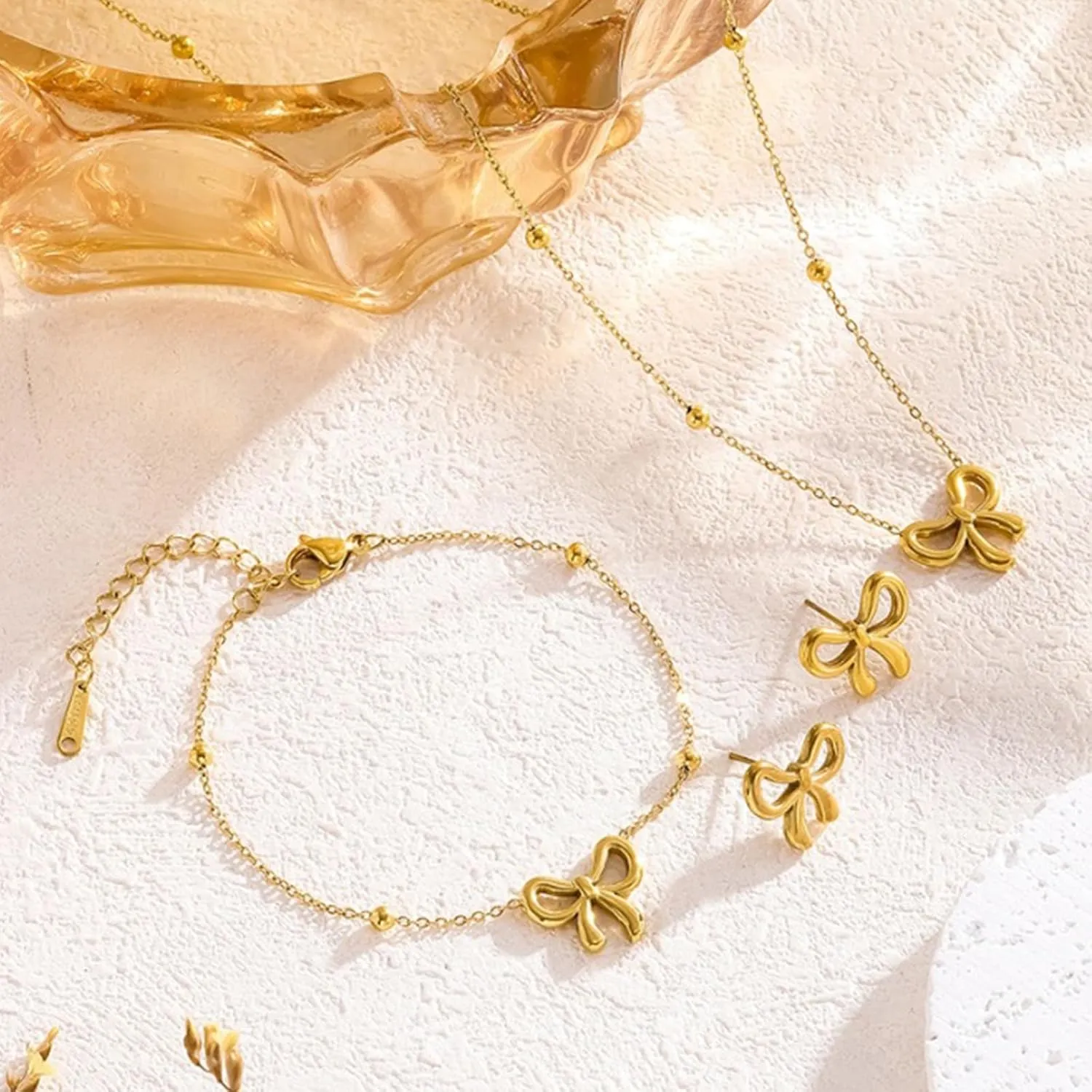 Bow Necklace Earrings Bracelet Bow Jewelry Sets for Women Dainty Gold Jewelry Set Bowknot Pendant Necklace Ribbon Stud Earrings Trendy Stuff Jewelry Gifts