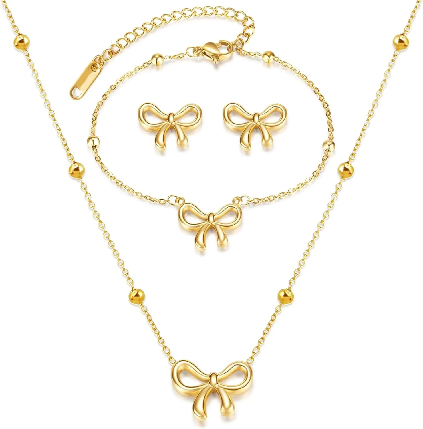 Bow Necklace Earrings Bracelet Bow Jewelry Sets for Women Dainty Gold Jewelry Set Bowknot Pendant Necklace Ribbon Stud Earrings Trendy Stuff Jewelry Gifts