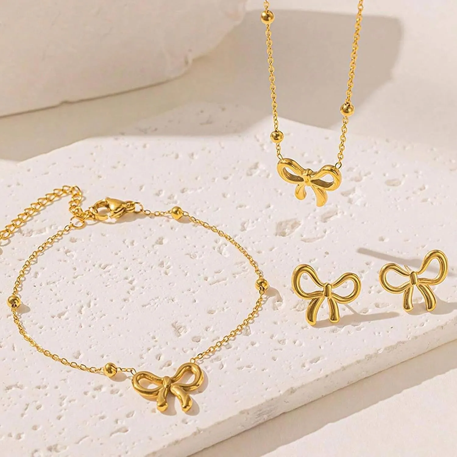Bow Necklace Earrings Bracelet Bow Jewelry Sets for Women Dainty Gold Jewelry Set Bowknot Pendant Necklace Ribbon Stud Earrings Trendy Stuff Jewelry Gifts
