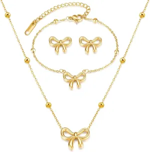 Bow Necklace Earrings Bracelet Bow Jewelry Sets for Women Dainty Gold Jewelry Set Bowknot Pendant Necklace Ribbon Stud Earrings Trendy Stuff Jewelry Gifts