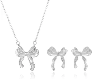 Bow Necklace Earrings Bracelet Bow Jewelry Sets for Women Dainty Gold Jewelry Set Bowknot Pendant Necklace Ribbon Stud Earrings Trendy Stuff Jewelry Gifts