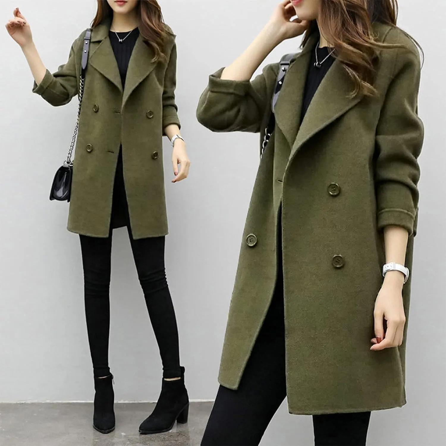 BOXIACEY Pea Coats for Women Wool Blend Winter Coat Double Breasted Trench Coat Elegant Lapel Collar Long Trench Coat