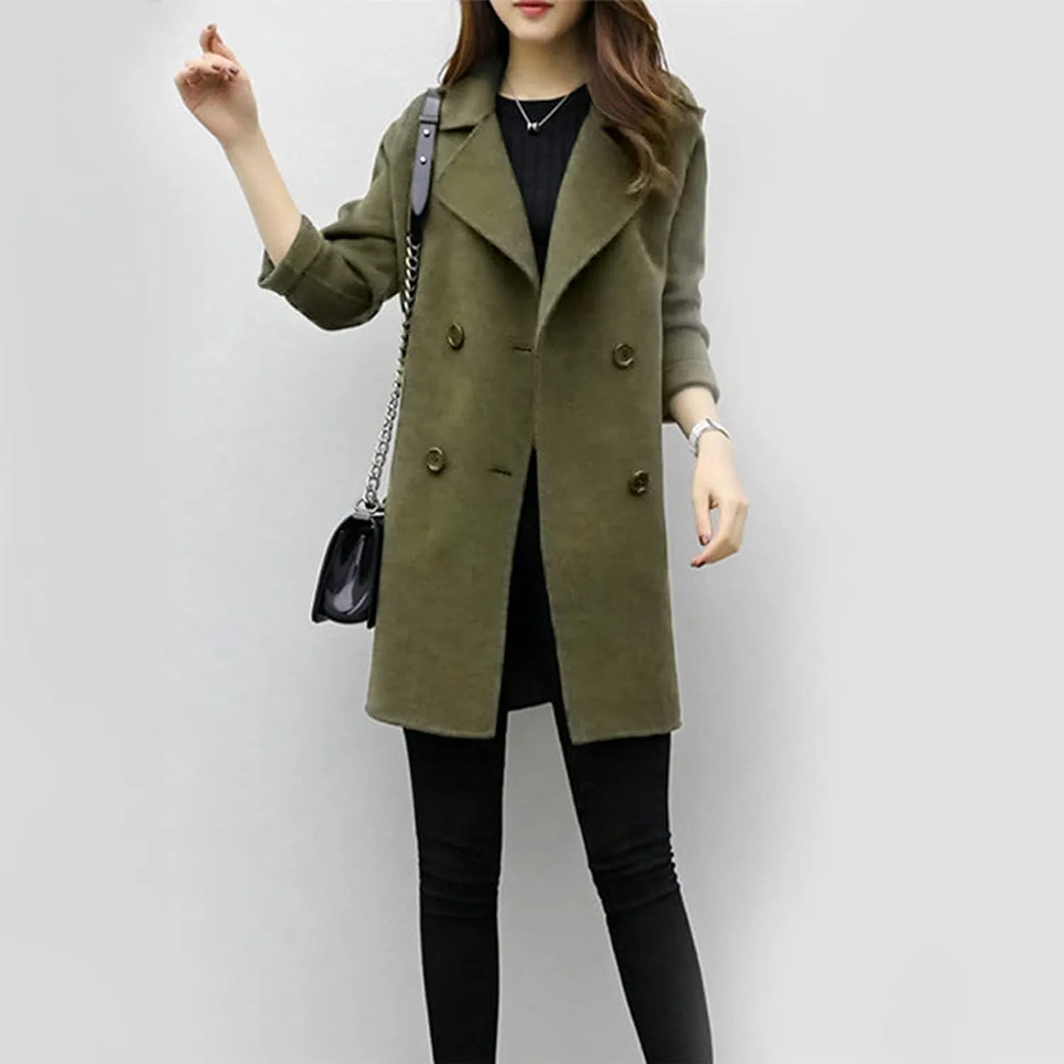 BOXIACEY Pea Coats for Women Wool Blend Winter Coat Double Breasted Trench Coat Elegant Lapel Collar Long Trench Coat