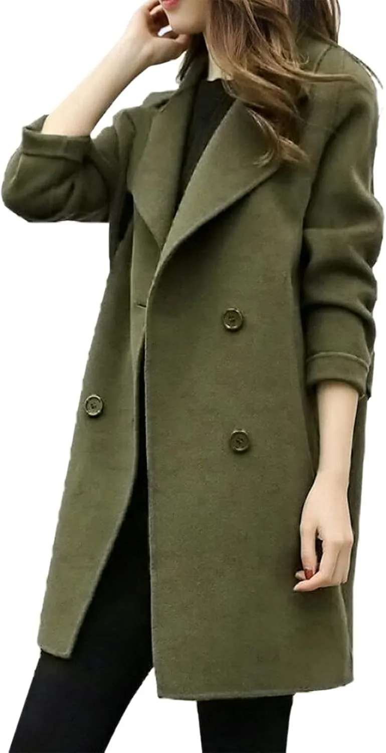 BOXIACEY Pea Coats for Women Wool Blend Winter Coat Double Breasted Trench Coat Elegant Lapel Collar Long Trench Coat
