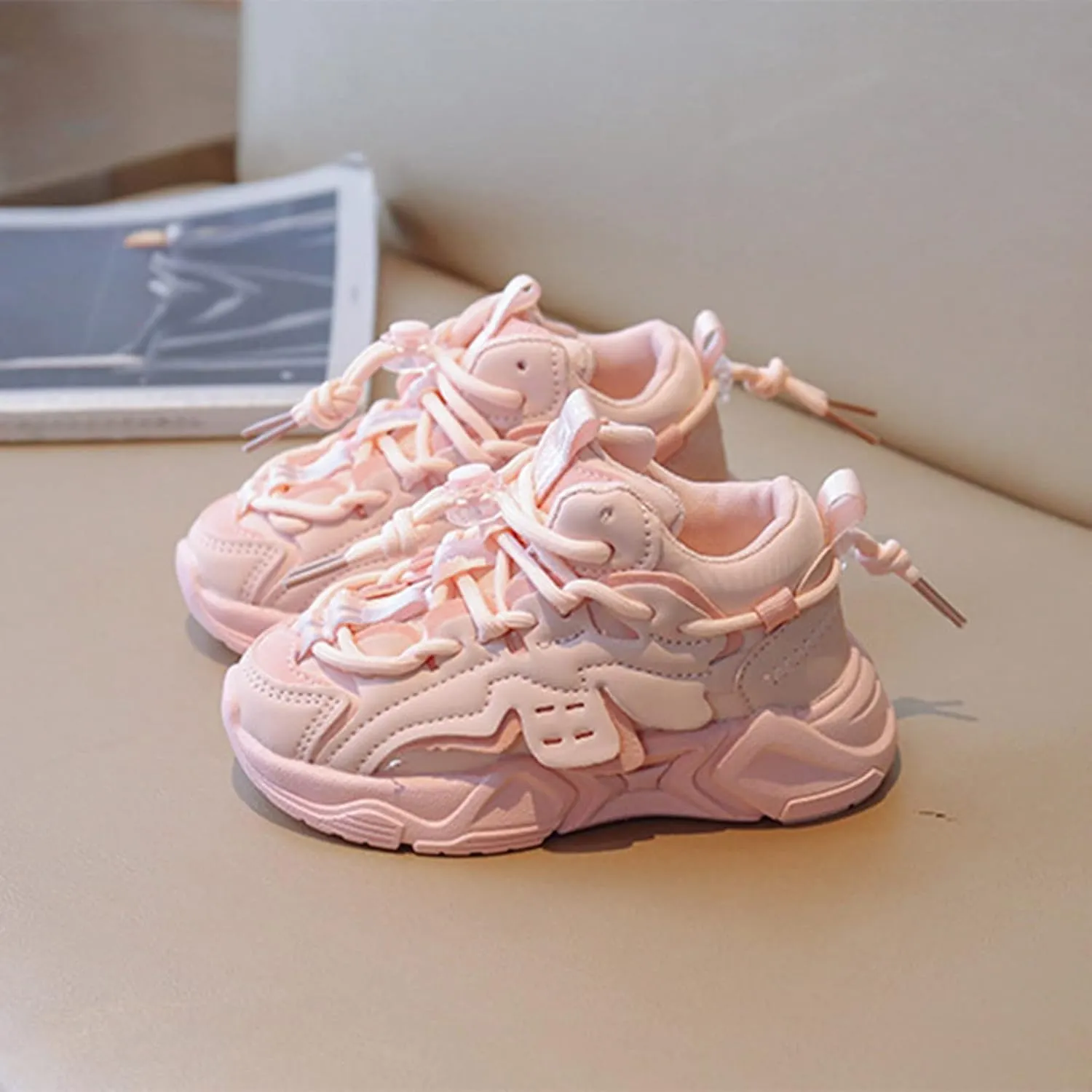 Boys Girls Solid Strap Tennis Shoes Thick Soles Non Slip Comfortable Breathable Running Athletic Sport Sneakers
