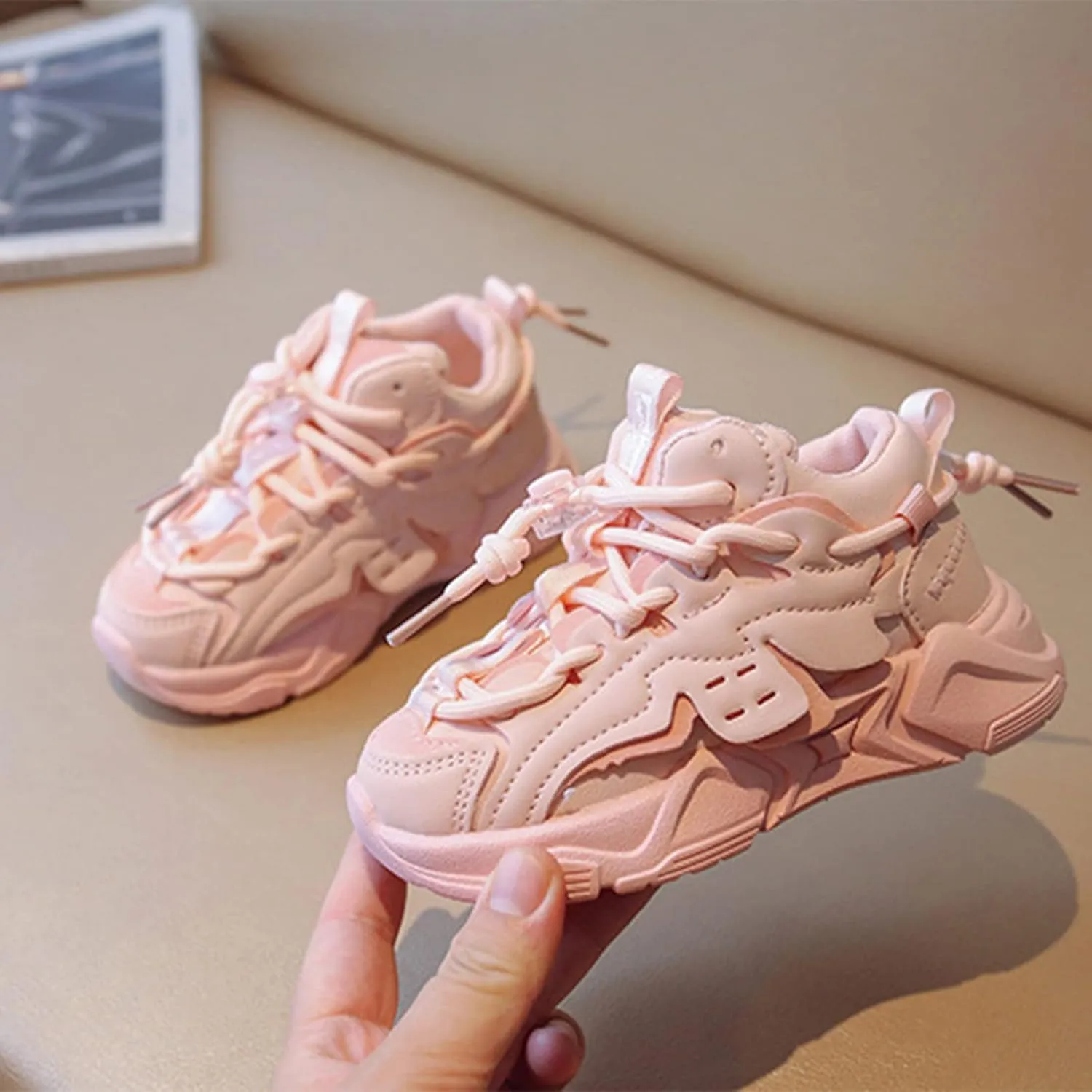Boys Girls Solid Strap Tennis Shoes Thick Soles Non Slip Comfortable Breathable Running Athletic Sport Sneakers