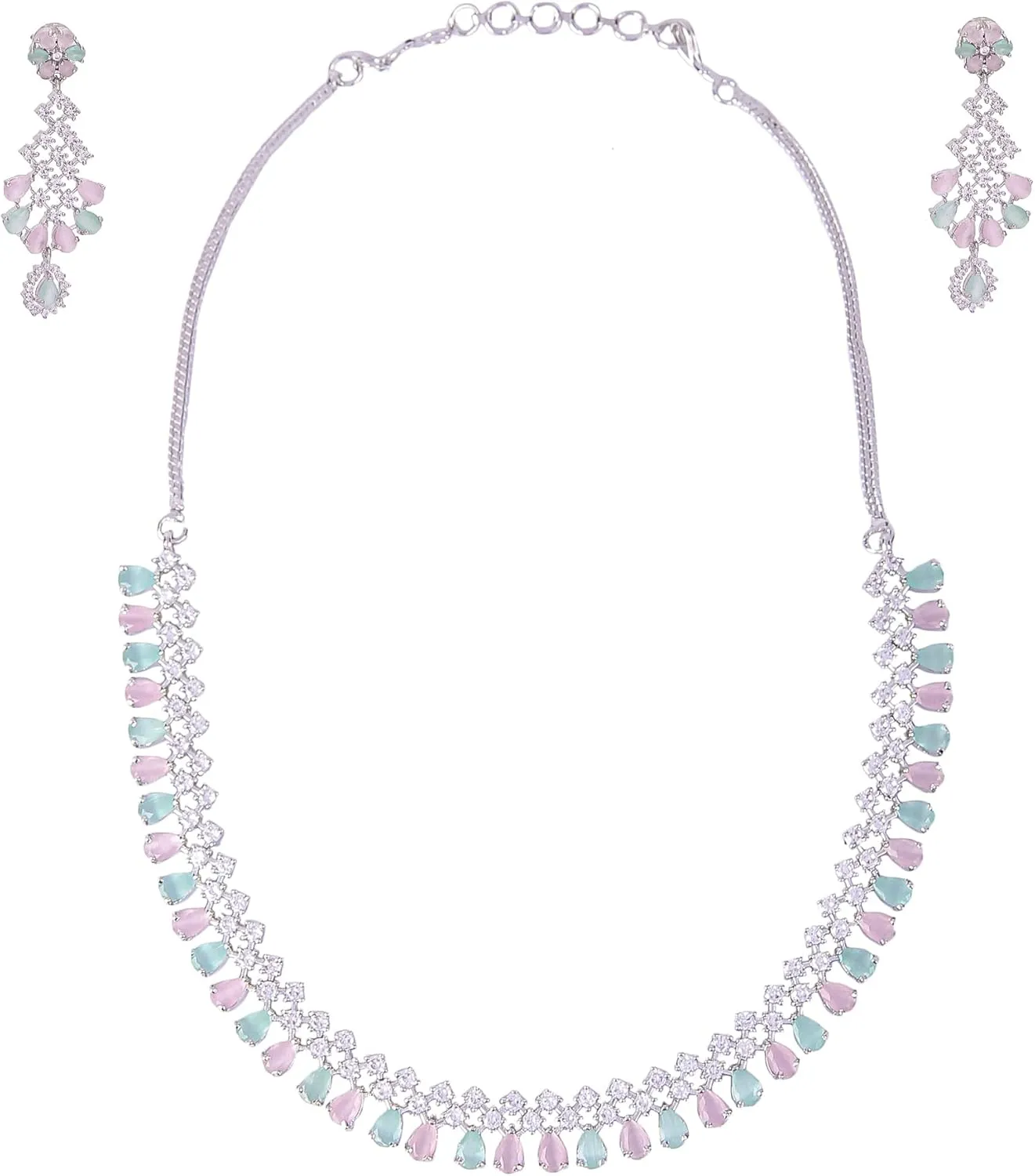 Bridal Jewelry Set Wedding, Necklace Dangle Earrings Set, Silver Plated Jewelry Set with Pink And White Crystal, Allergy Free Wedding Party Jewelry for Bridal Bridesmaid