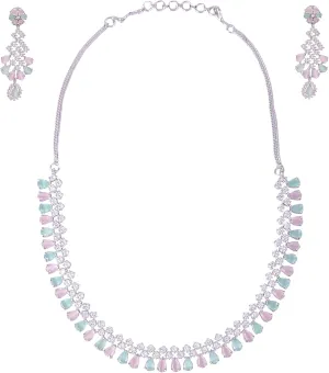 Bridal Jewelry Set Wedding, Necklace Dangle Earrings Set, Silver Plated Jewelry Set with Pink And White Crystal, Allergy Free Wedding Party Jewelry for Bridal Bridesmaid
