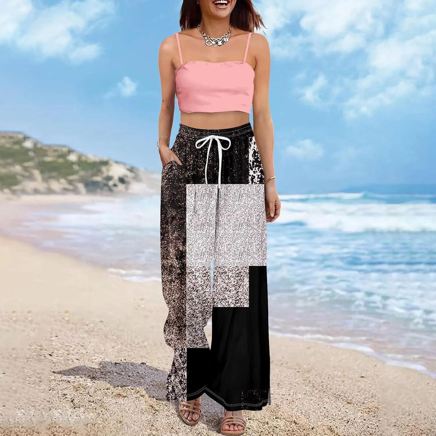 Business Casual Pants for Women Elastic Waist Dressy Baggy Trendy Casual Palazzo Relaxed Fit High Waist Trousers