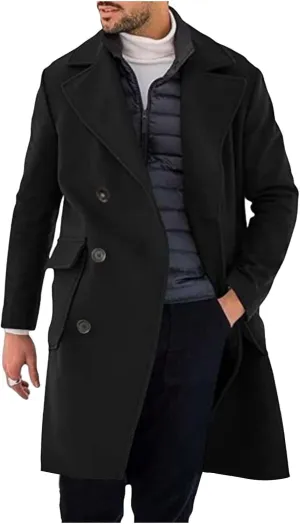 Cambkatl Classic Double Breasted Trench Coat for Men Wool Blend Jacket Overcoat Notched Collar Long Pea Coat with Pockets