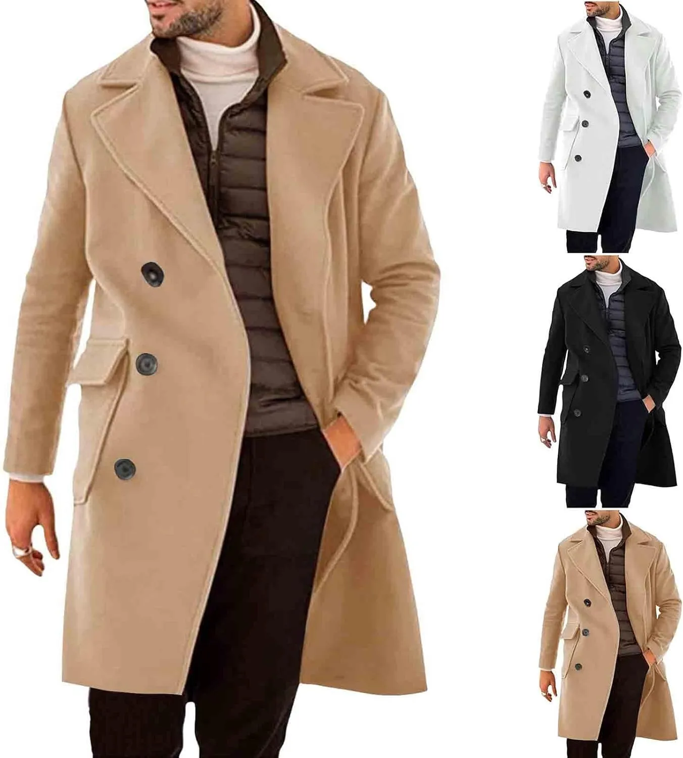 Cambkatl Classic Double Breasted Trench Coat for Men Wool Blend Jacket Overcoat Notched Collar Long Pea Coat with Pockets