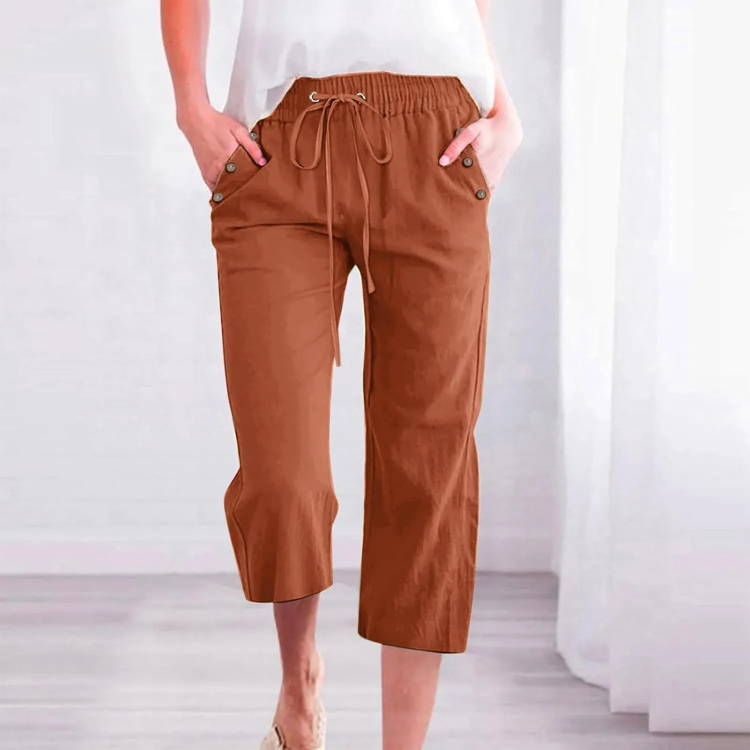 Capri Pants for Women Summer Drawstring Elastic High Waist Linen Trousers Straight Wide Leg Lounge Beach Shorts