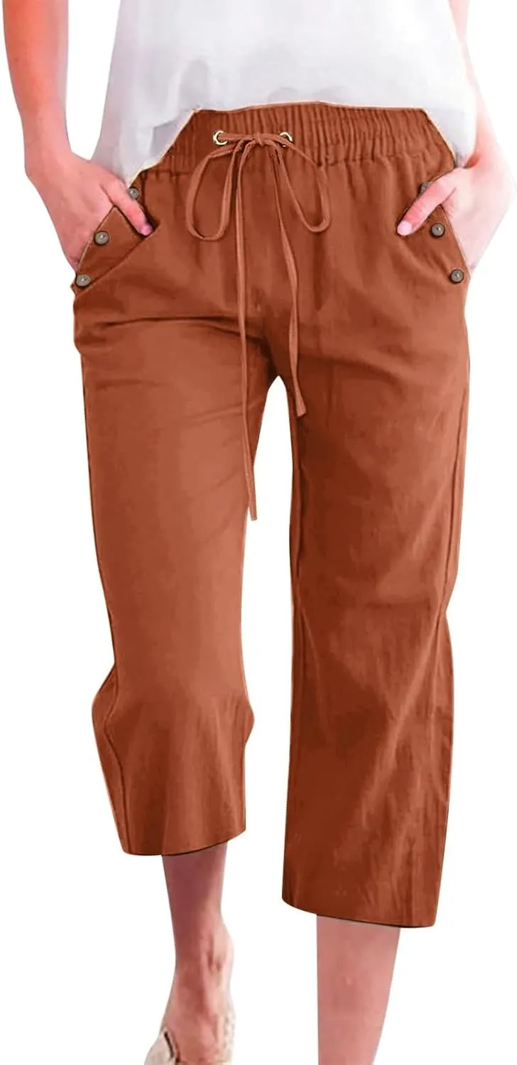 Capri Pants for Women Summer Drawstring Elastic High Waist Linen Trousers Straight Wide Leg Lounge Beach Shorts