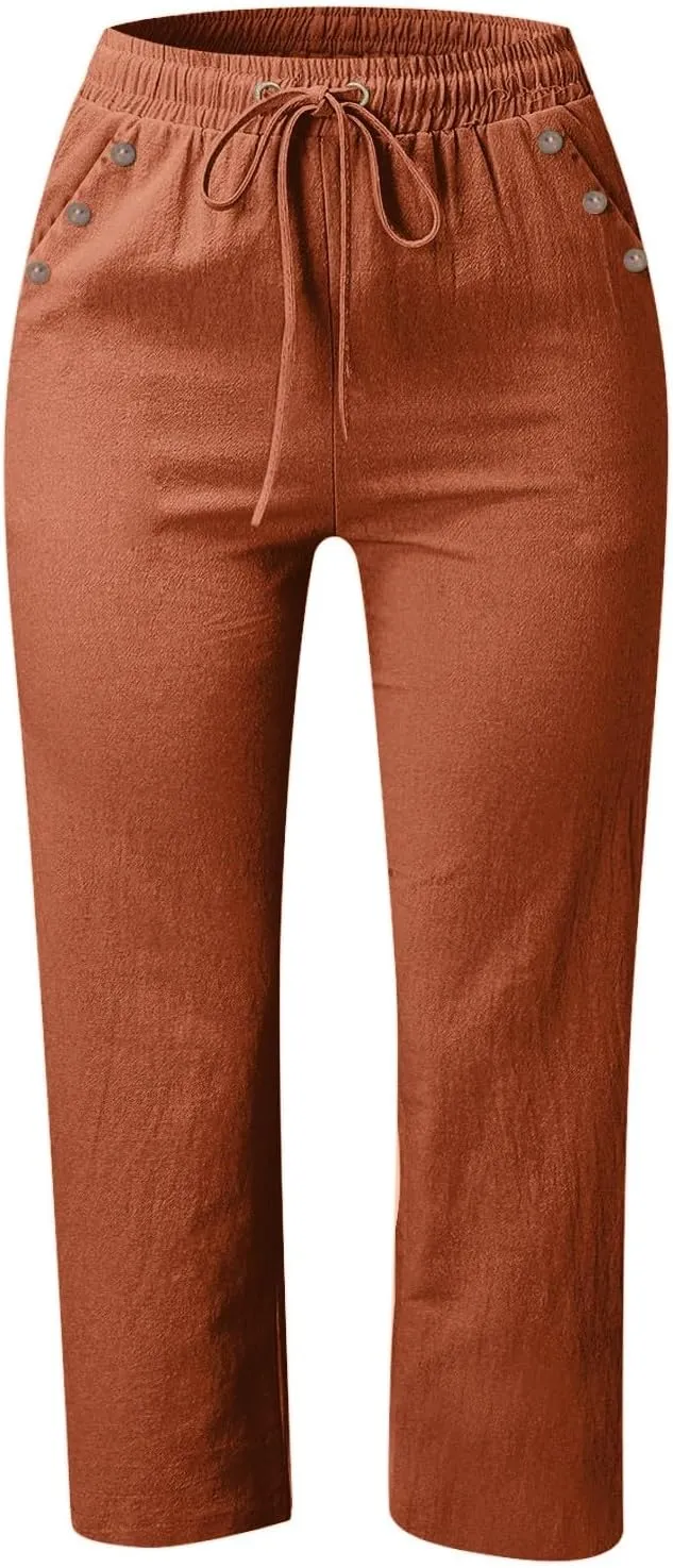 Capri Pants for Women Summer Drawstring Elastic High Waist Linen Trousers Straight Wide Leg Lounge Beach Shorts