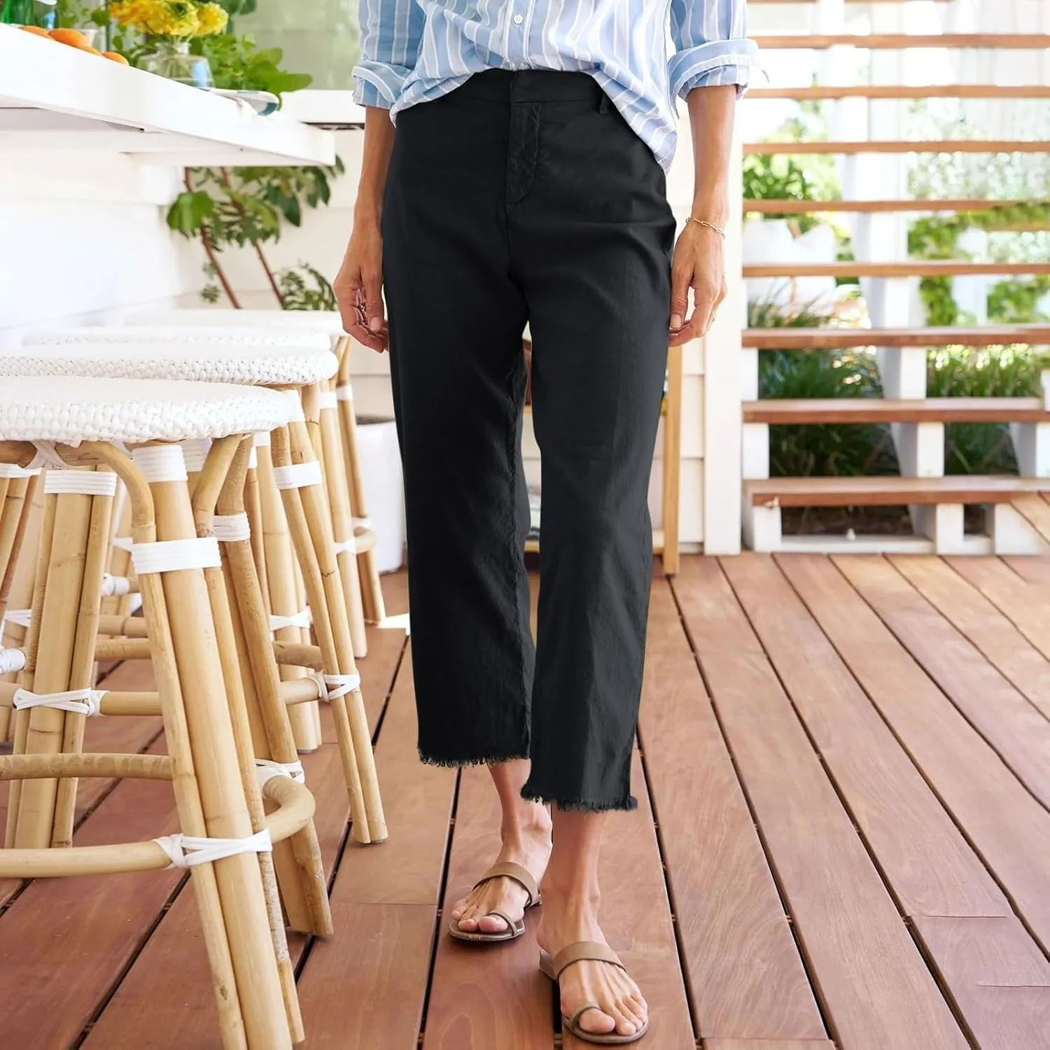 Capri Pants for Women Wide Leg Cropped Pants Casual Summer Relaxed Fit Knit Waist Cropped Pant Hiking Capris