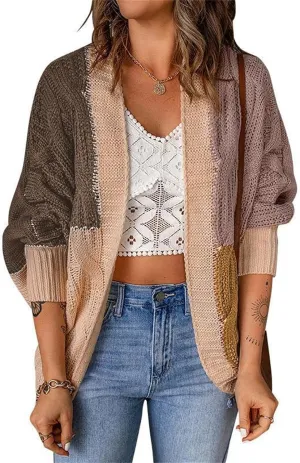 Cardigan Sweaters for Women Casual Long Sleeve Color Block Chunky Cable Knit Open Front Cardigans Fall Sweater Coats
