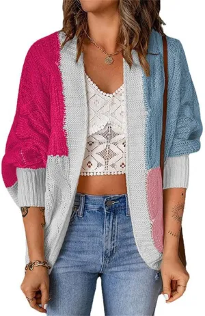 Cardigan Sweaters for Women Casual Long Sleeve Color Block Chunky Cable Knit Open Front Cardigans Fall Sweater Coats