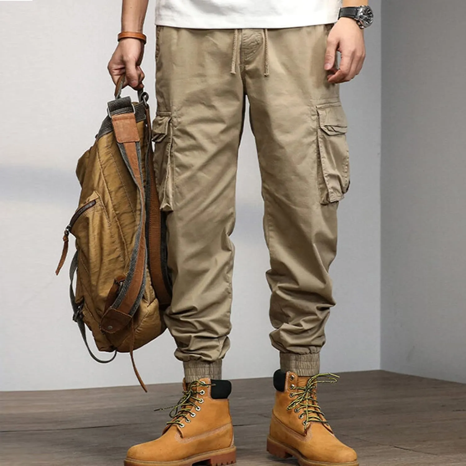 Cargo Pants for Men Big and Tall, Streetwear Khaki Baggy Pants with Zipper Pockets Men Outdoor Cargo Pant Relaxed Fit