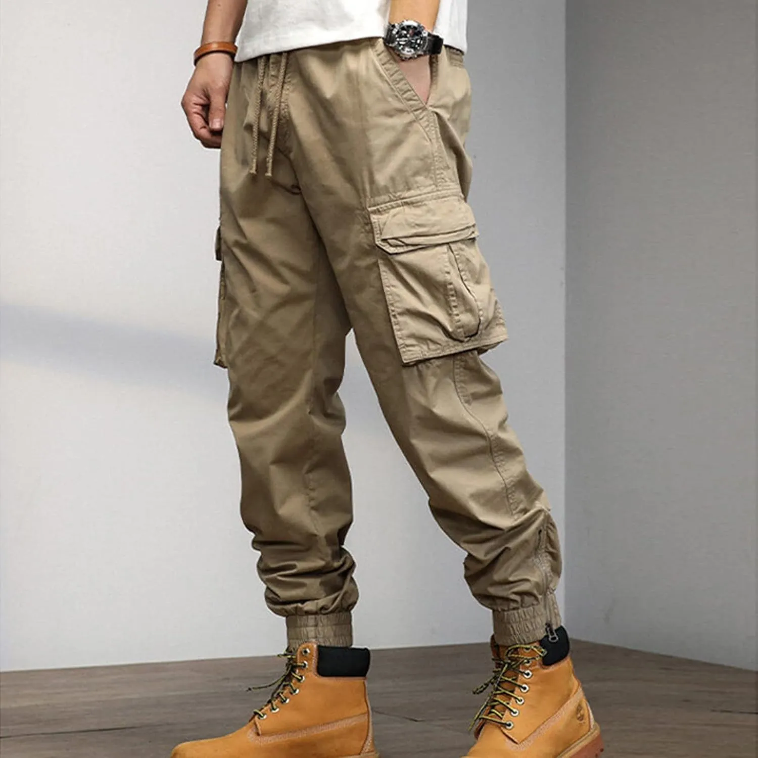 Cargo Pants for Men Big and Tall, Streetwear Khaki Baggy Pants with Zipper Pockets Men Outdoor Cargo Pant Relaxed Fit