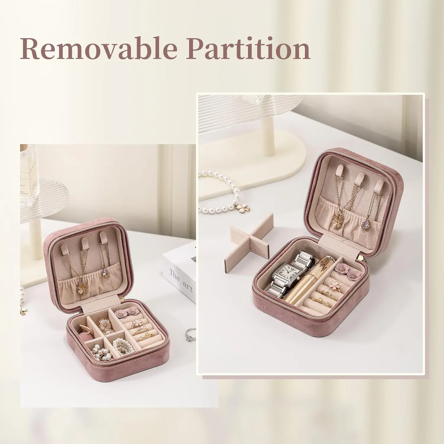 CASEGRACE Travel Jewelry Case, Plush Velvet Jewelry Box Small Jewelry Travel Organizer Display Rings Necklace Bracelet Earrings Storage Case for Women Girls, Pink